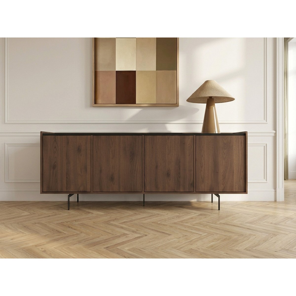 Buffet bas en 4 portes 200 cm, FREDA noir et noyer, BOBOCHIC