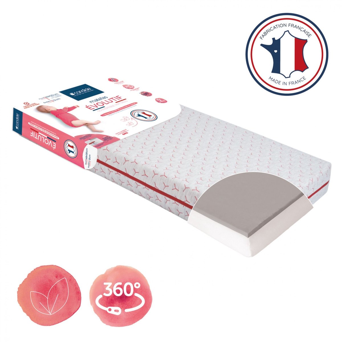 Matelas mousse déhoussable 12 cm Evolutif CANDIDE blanc, CANDIDE