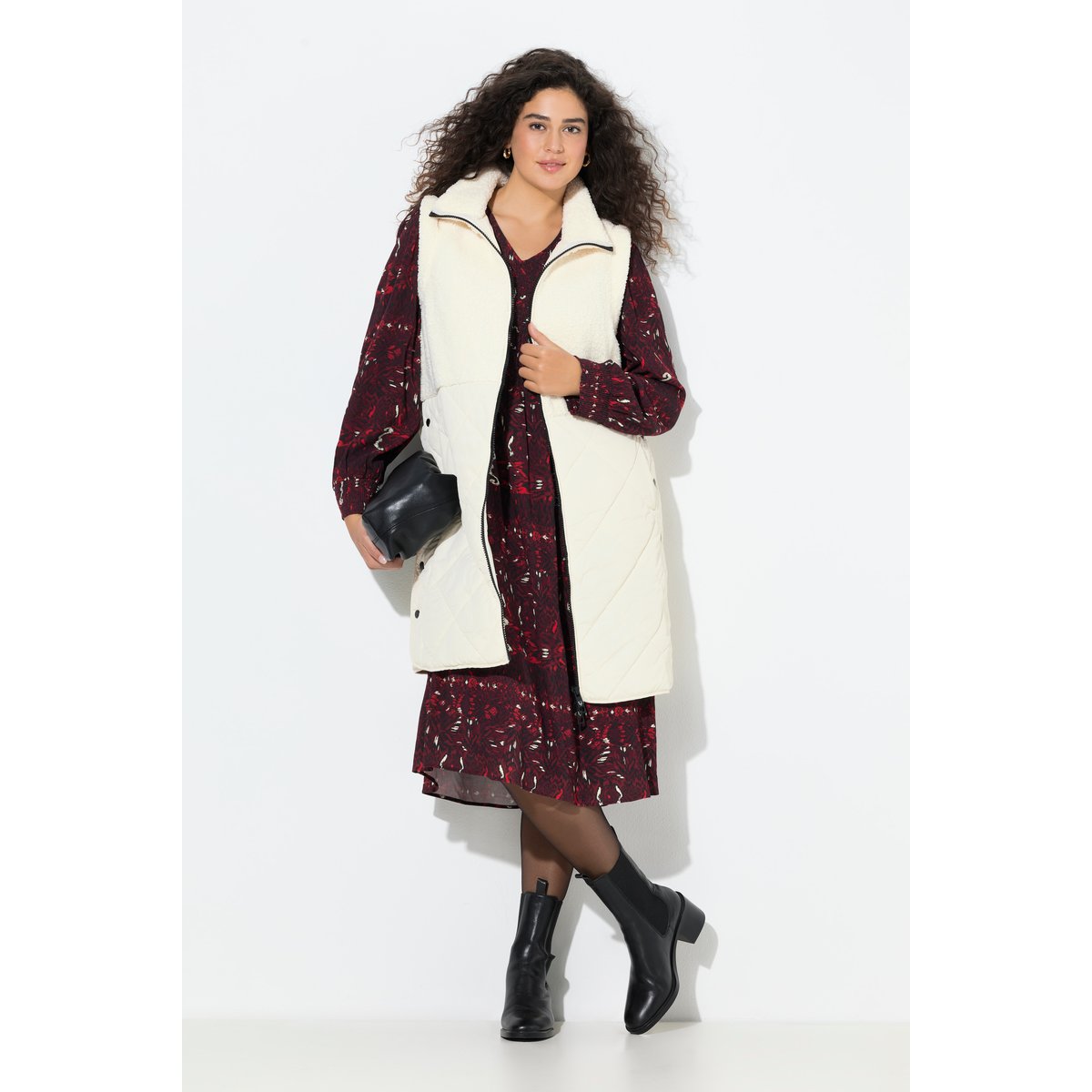 Gilet long, matelassage / polaire bouclette blanc cassé, ULLA POPKEN