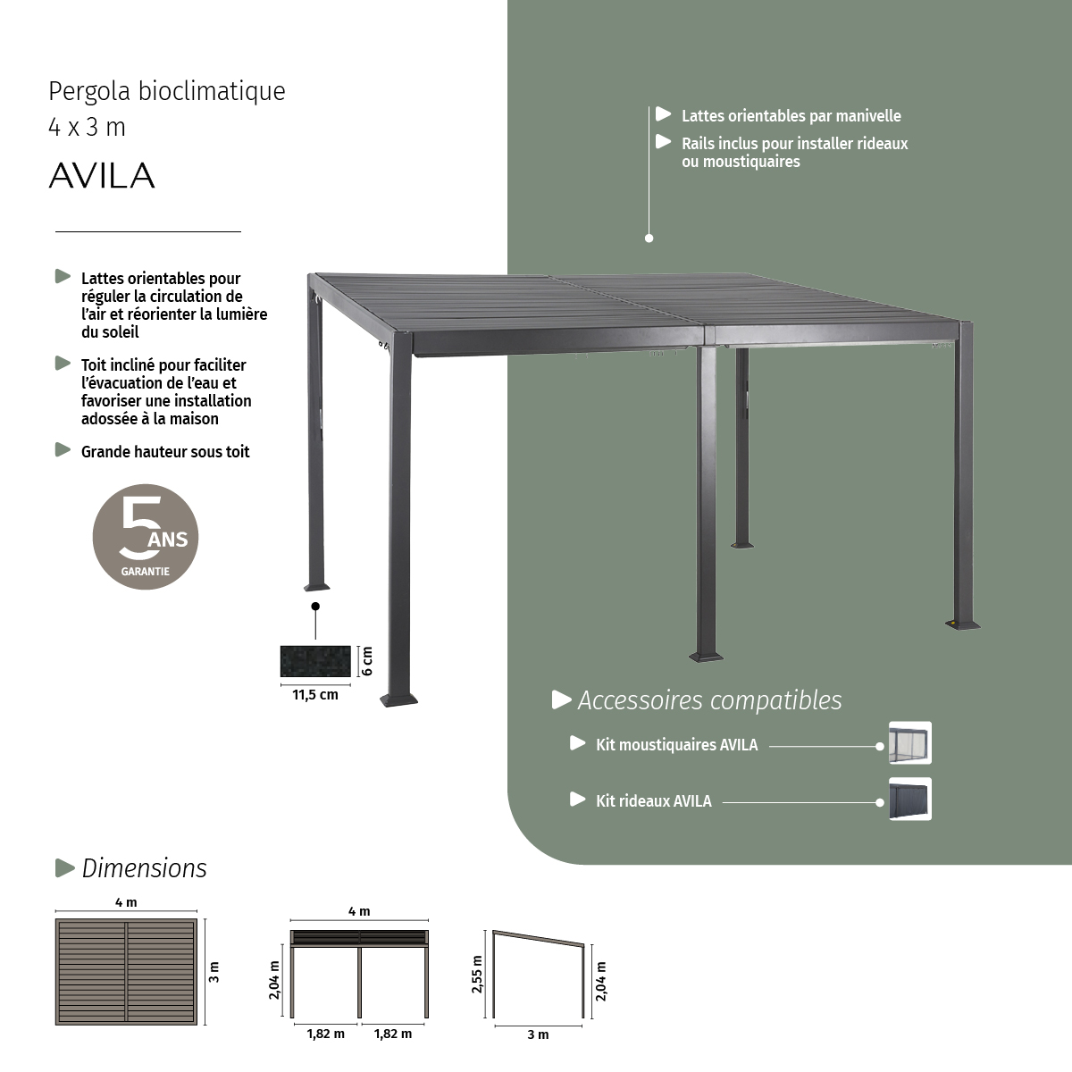 Pergola bioclimatique en aluminium toit incliné 6x3,5m AVILA gris graphite, HESPERIDE