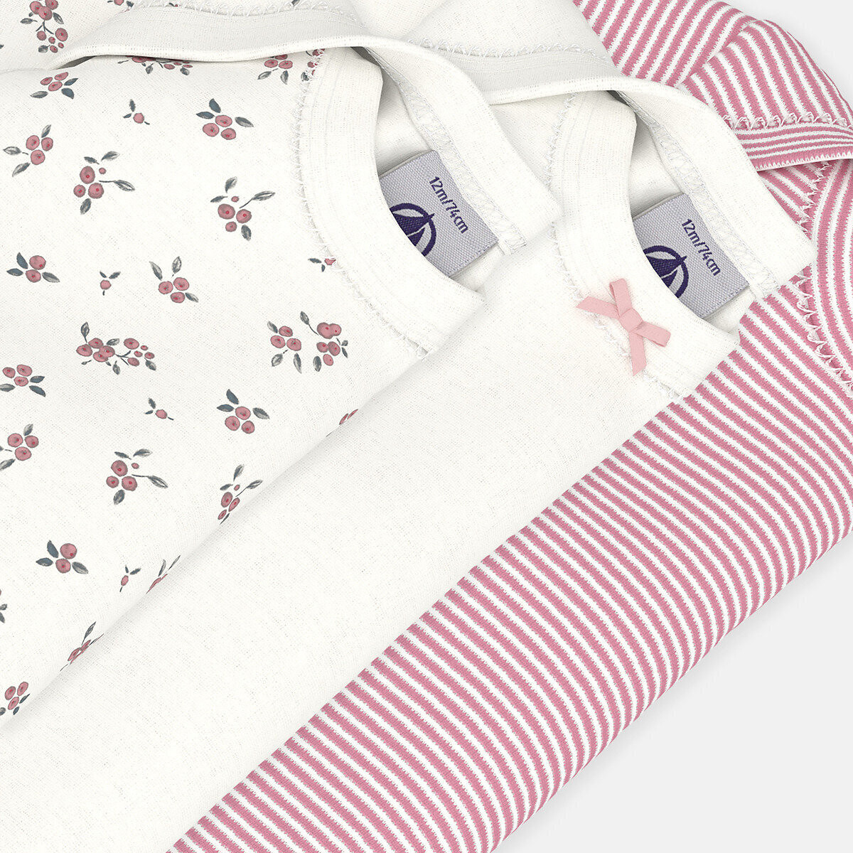 Lot de 3 bodies manches blanc + rose, PETIT BATEAU