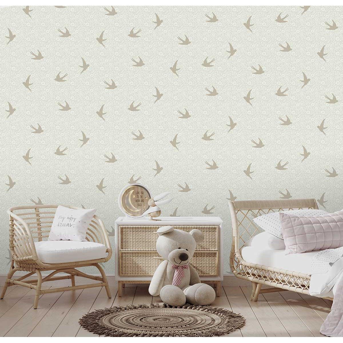 Papier peint hirondelles florales fond lin clair beige, HEXOA