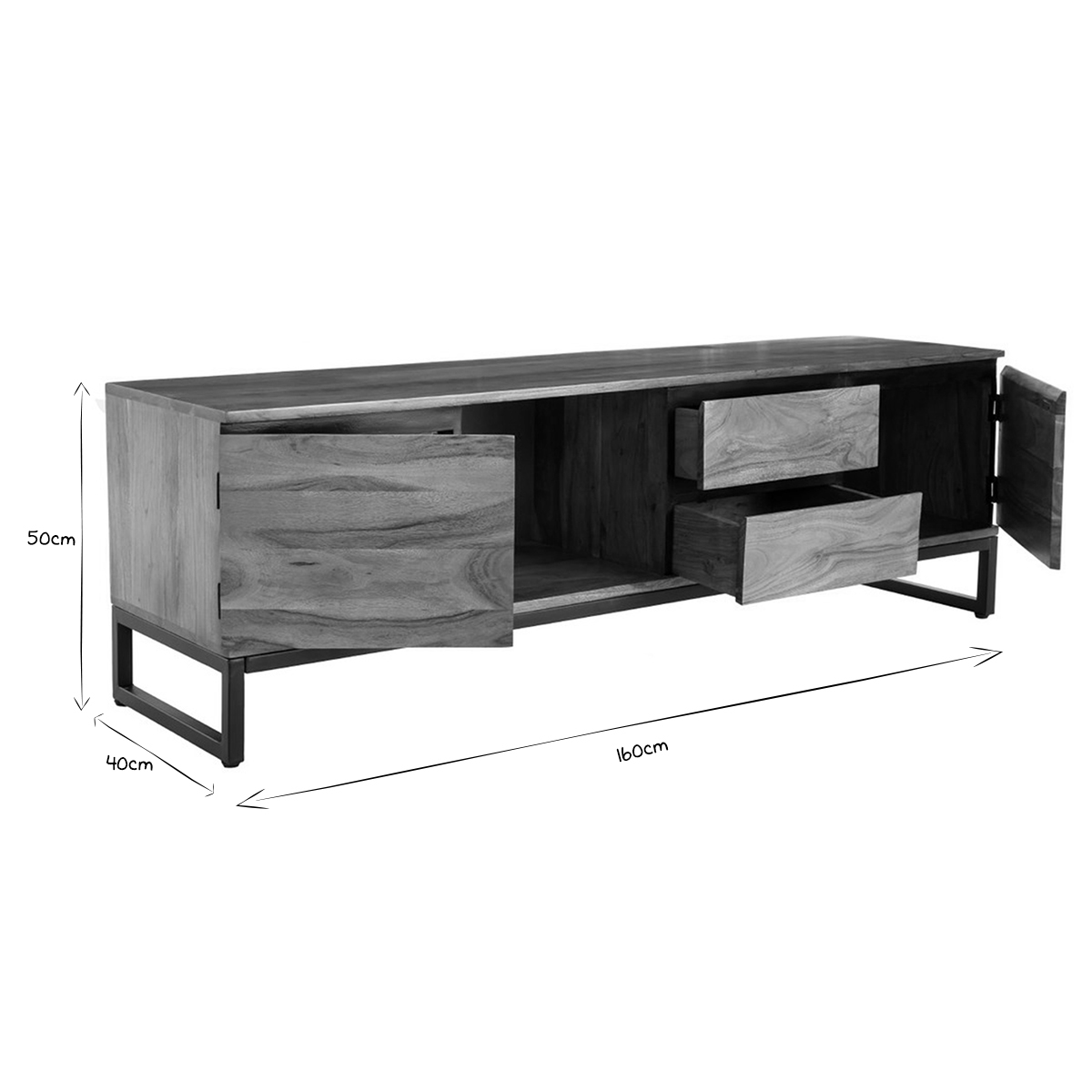 Meuble TV en bois massif L160 cm HOORN bois clair / noir, MILIBOO