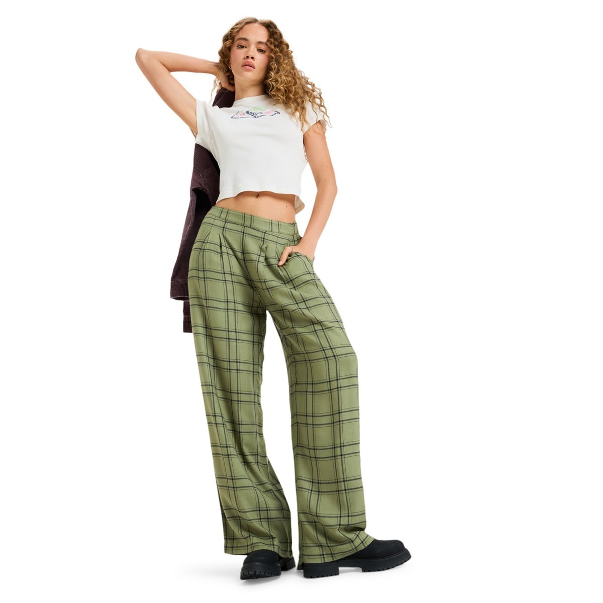 Pantalon décontracté en flanelle GREAT INFLUENCE. vert oil green natural plaid, ROXY