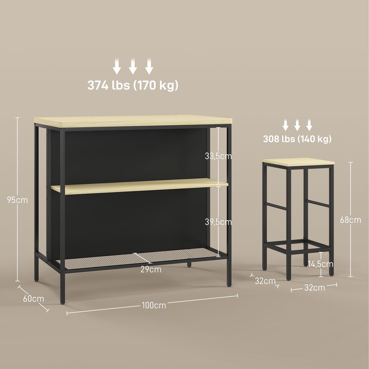 Ensemble de table de bar MDF Bois naturel bois naturel, noir, HOMCOM
