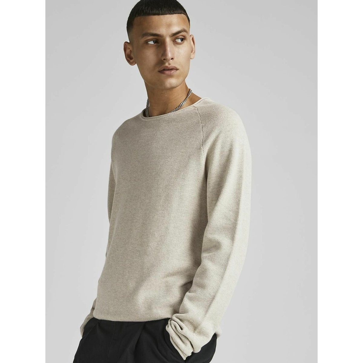 Pull léger col rond maille structurée beige, JACK & JONES