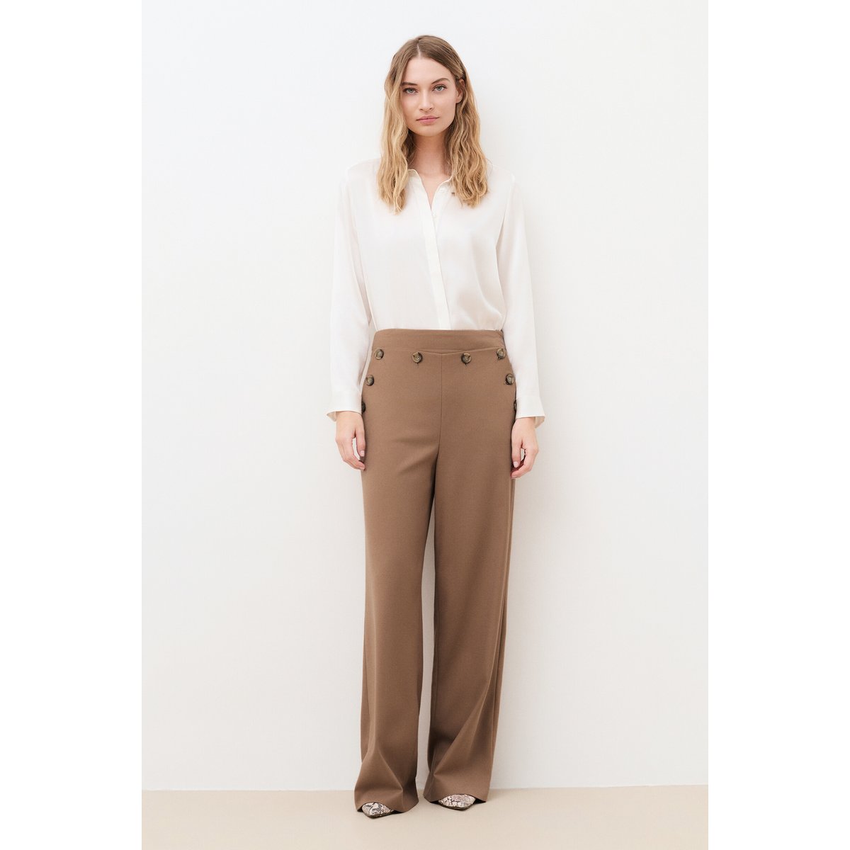 Pantalon large taille haute PCOLOMBUS marron foncé, CAROLL