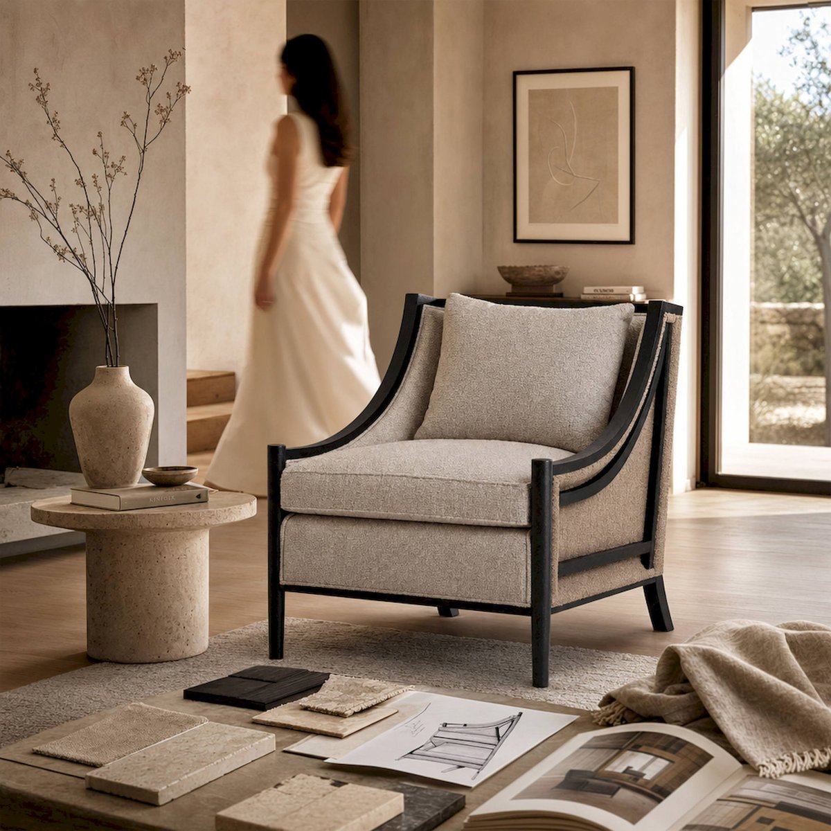 Fauteuil classique en lin et bois de mindi beige et noir, RECOLLECTION