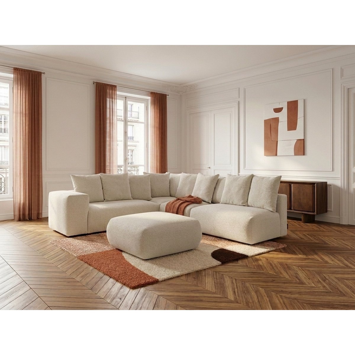 Canapé modulable 6 places en tissu chiné avec pouf, VOLTAIRE blanc, BOBOCHIC