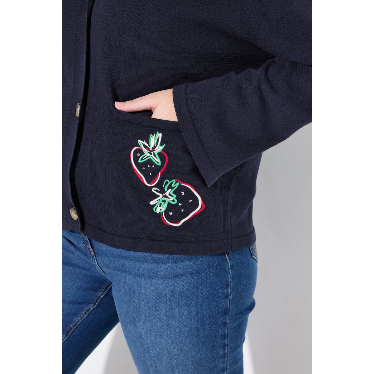 Gilet En Maille, Broderie, Encolure V marine, ULLA POPKEN