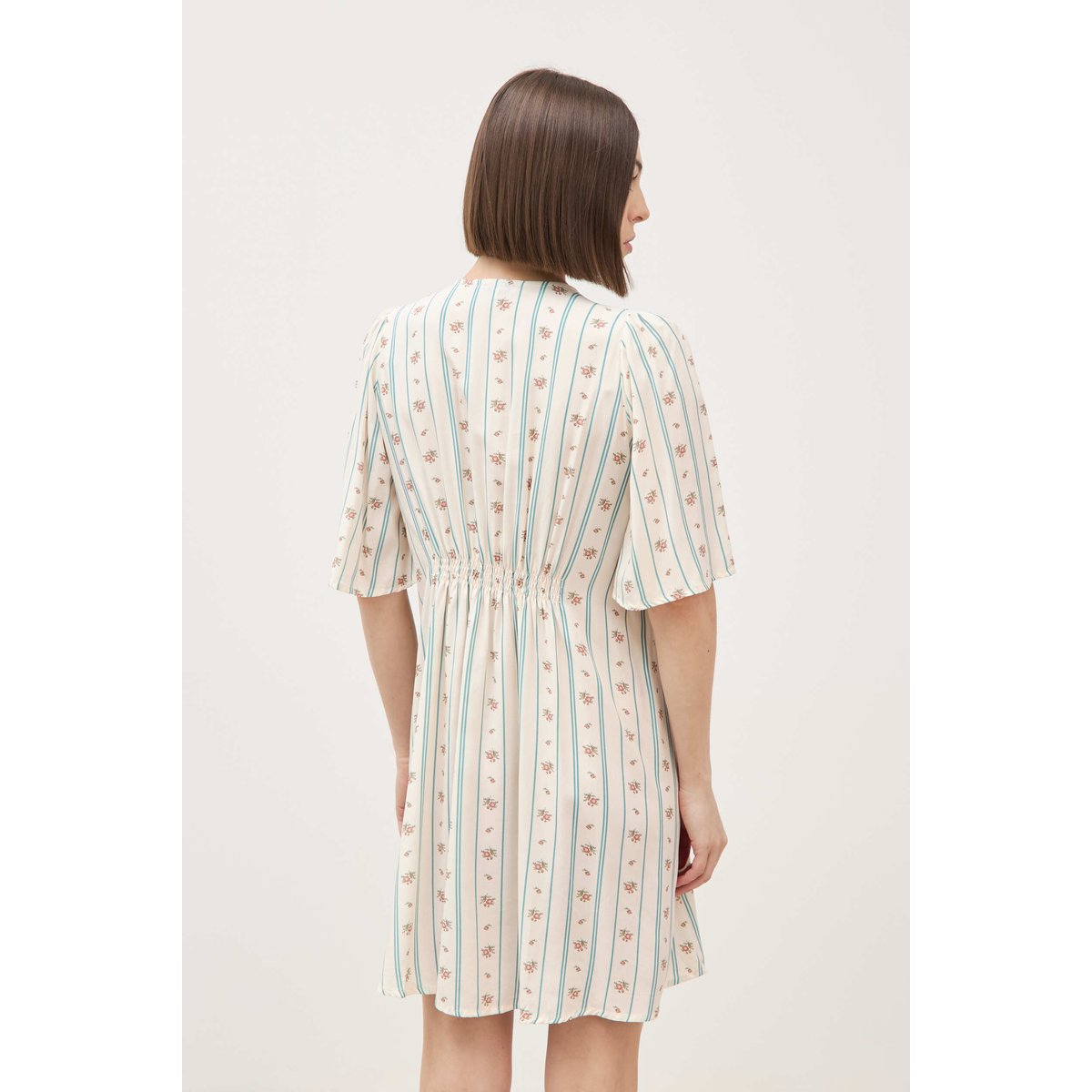 Robe fluide col v manches courtes bleu gris, BONOBO