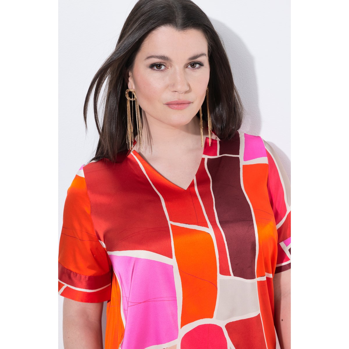 Blouse, imprimé, coupe A, col V rouge poivron, ULLA POPKEN