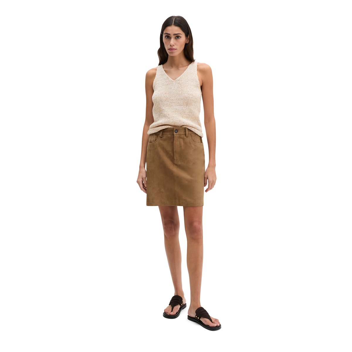Mini-jupe en cuir regular en cuir de chèvre velours doux marron, MARC O'POLO