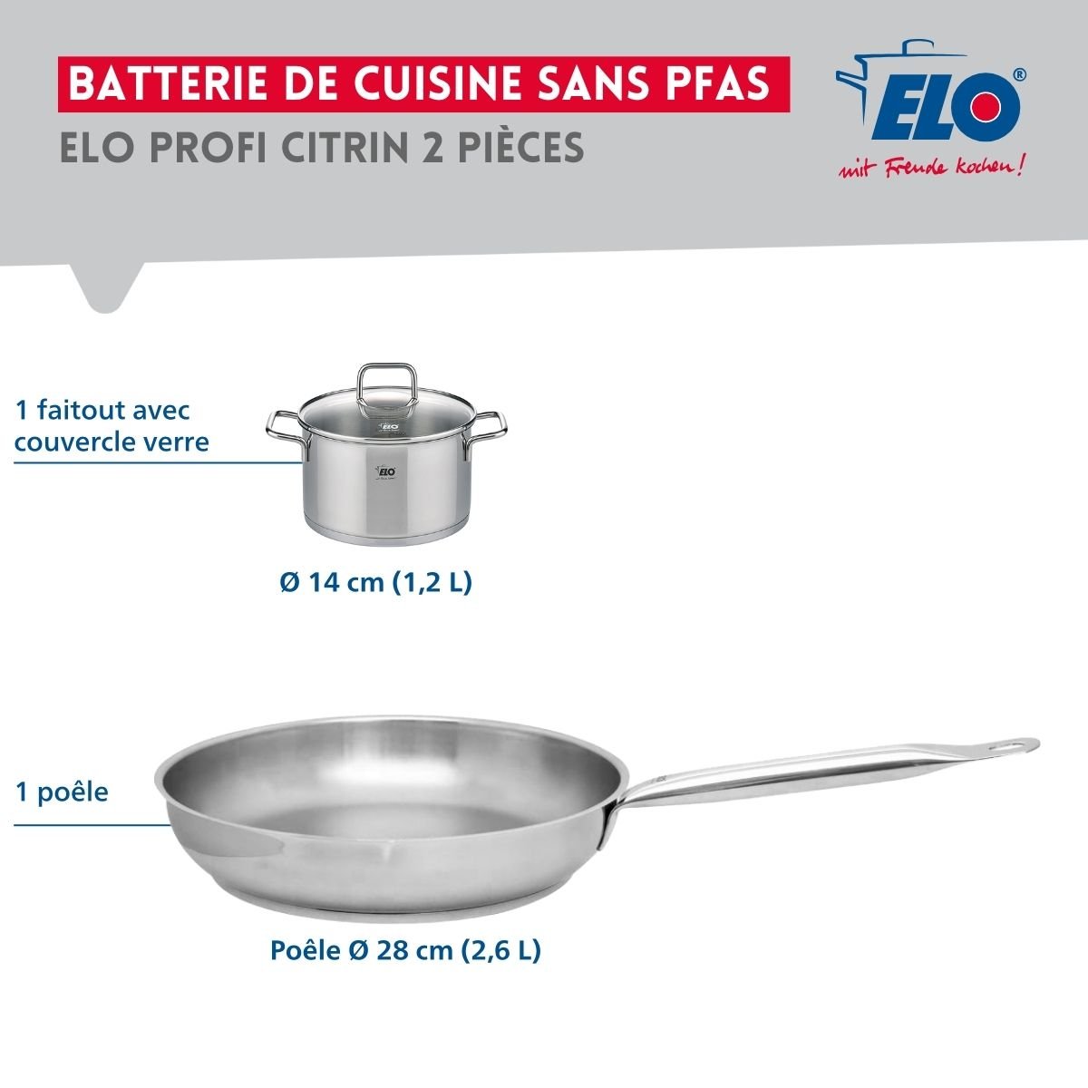 Batterie de cuisine 1 poêle 28cm + 1 faitout 14cm PROFI CITRIN inox, ELO