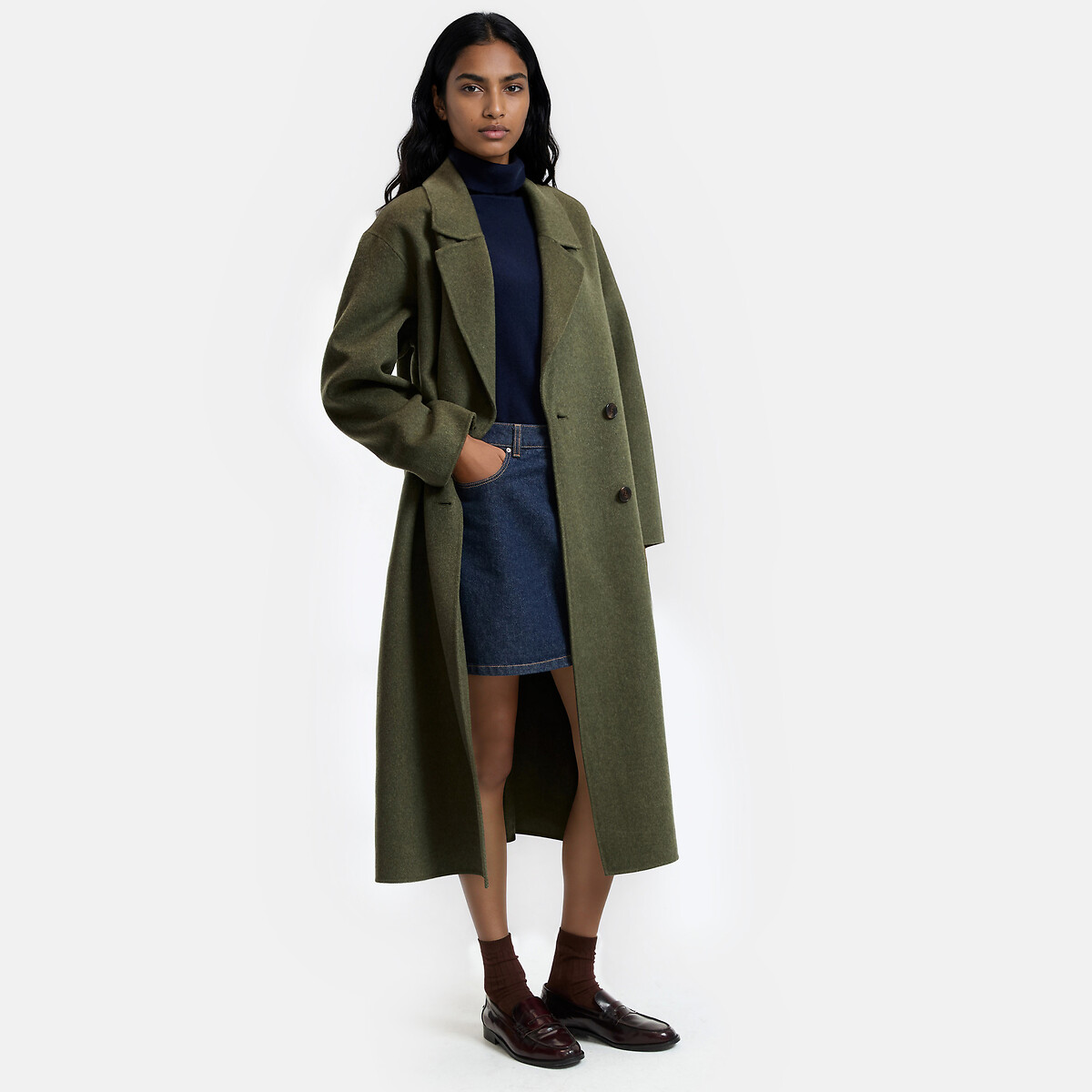 Cappotto oversize a doppiopetto realizzato a mano in misto lana verde kaki, LA REDOUTE COLLECTIONS