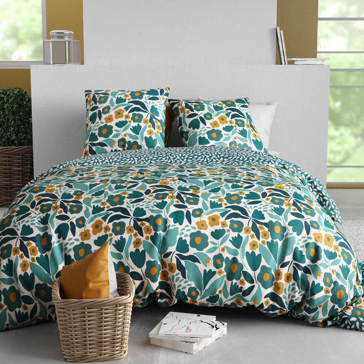 Parure housse de couette en coton imprimée, Mia jaune, C DESIGN HOME TEXTILE