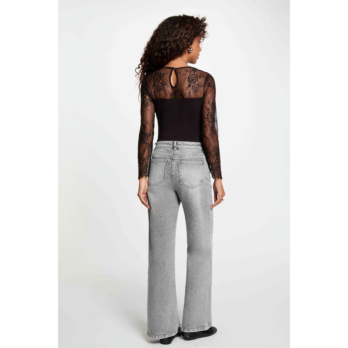 T-shirt dentelle col rond noir, MORGAN