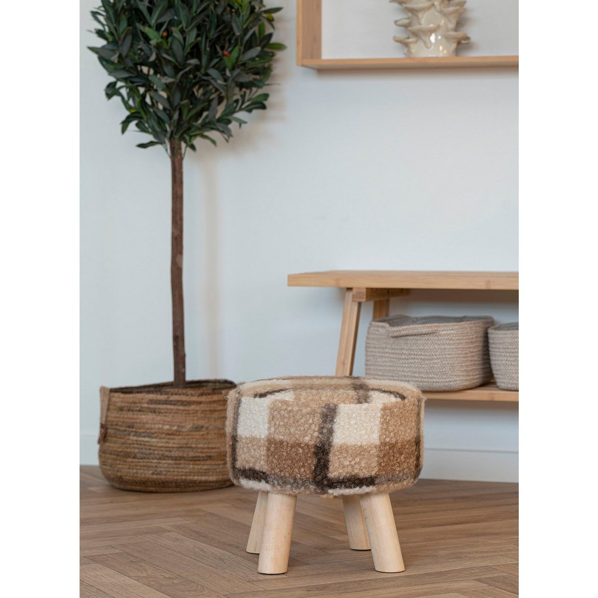 Tabouret d'appoint en tissu bouclettes - ABERDEEN beige et marron, HOUSE NORDIC