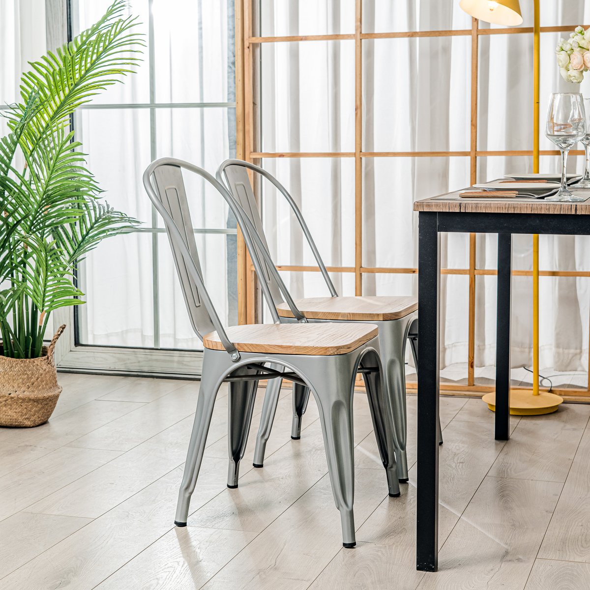 Lot de 4 chaises en métal et bois, NASH gris metallique, NORDLYS
