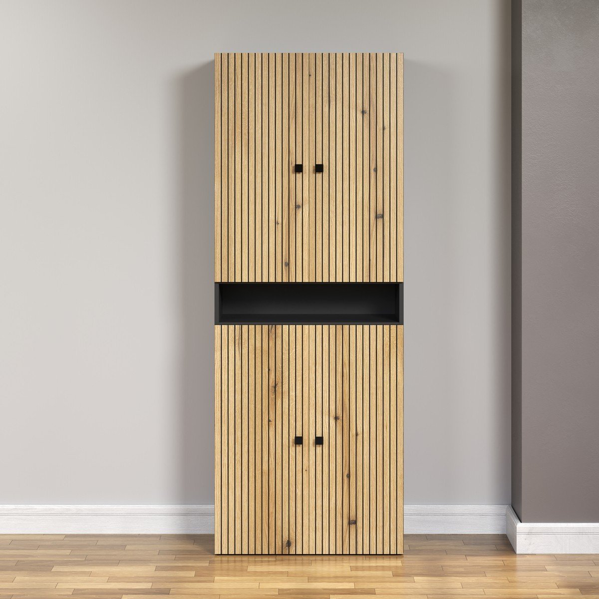 Double colonne de salle de bain rainurée 4 portes et 1 niche L70 cm -PUREBLISS chêne blond/ gris anthracite/ noir, CALICOSY