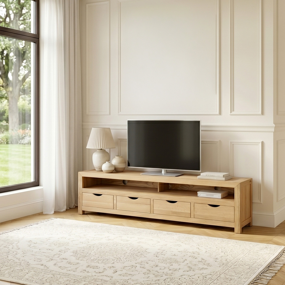Meuble tv long en chêne, 4 caissons DANIA beige, ROBIN DES BOIS