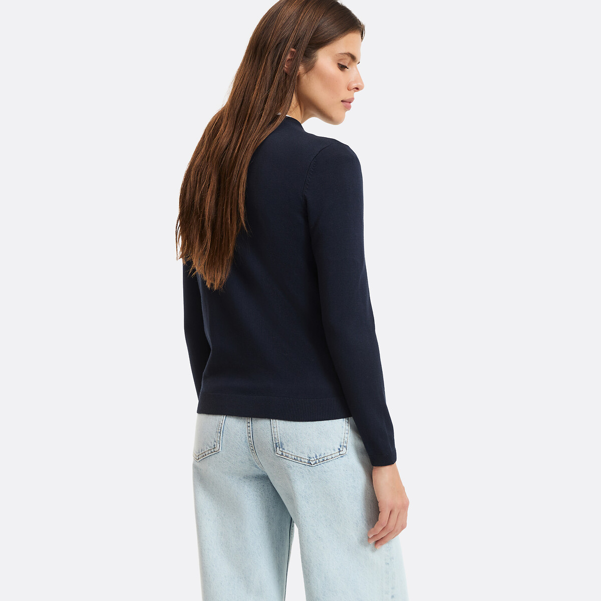 Cardigan com botões, gola redonda e malha fina marinho, LA REDOUTE COLLECTIONS