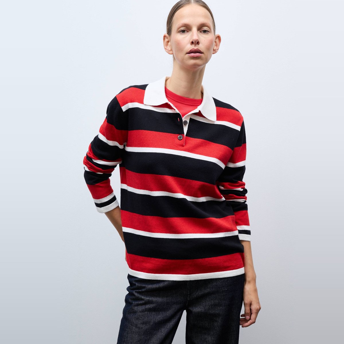 Pull polo rayé contenant de la laine ecru, MONOPRIX
