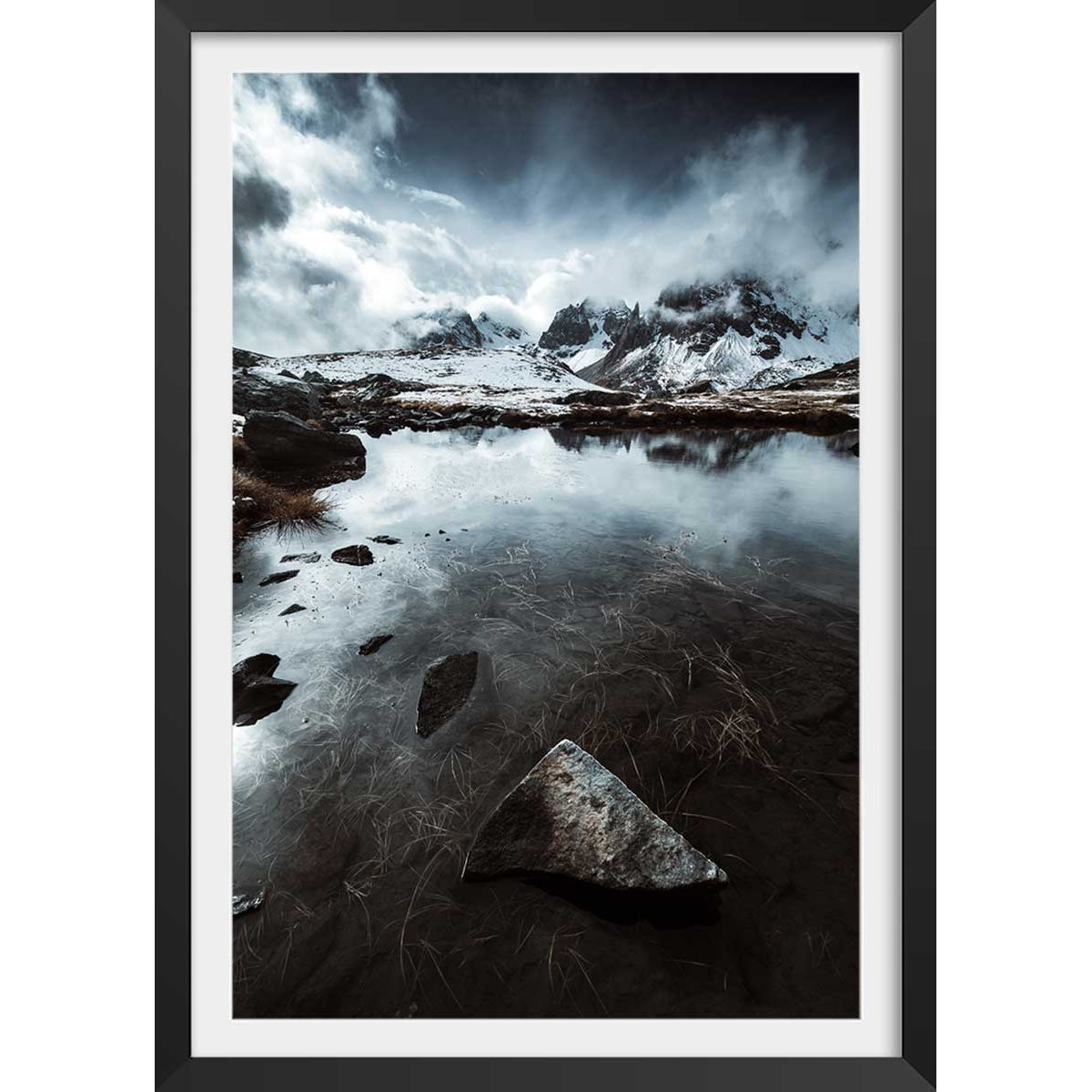 Affiche paysage face aux alpes affiche + cadre en bois - noir, HEXOA