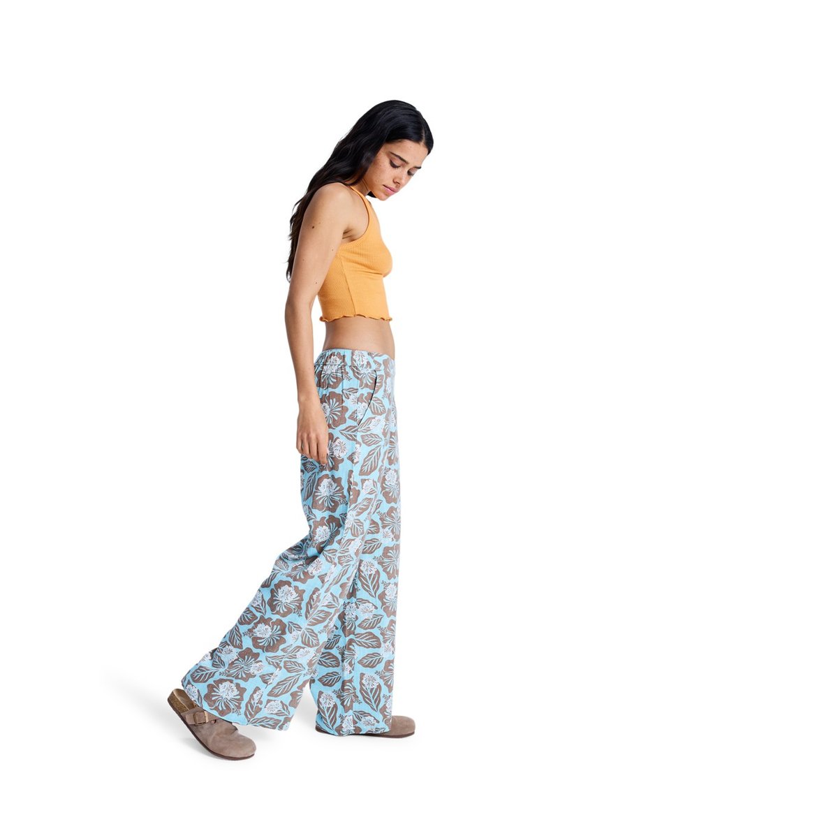 Pantalon taille élastique MIDNIGHT AVENUE SLUB PRINTED. marron brownie hibiscus hype, ROXY