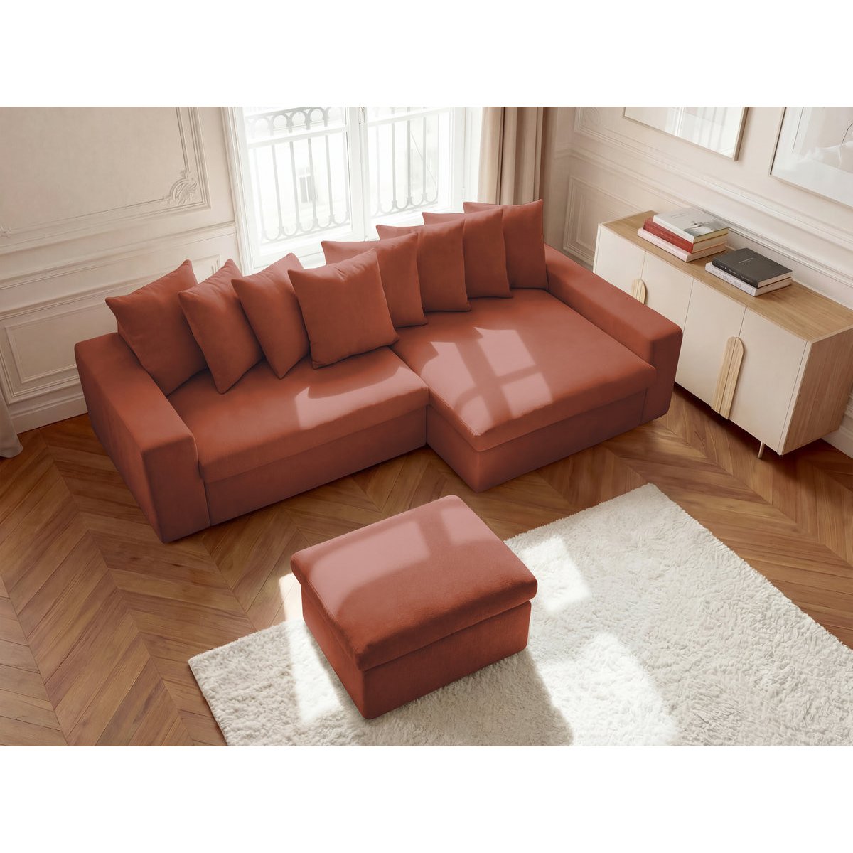 Canapé d'angle fixe 3 places en tissu lisse avec pouf, ENORE rouge, BOBOCHIC