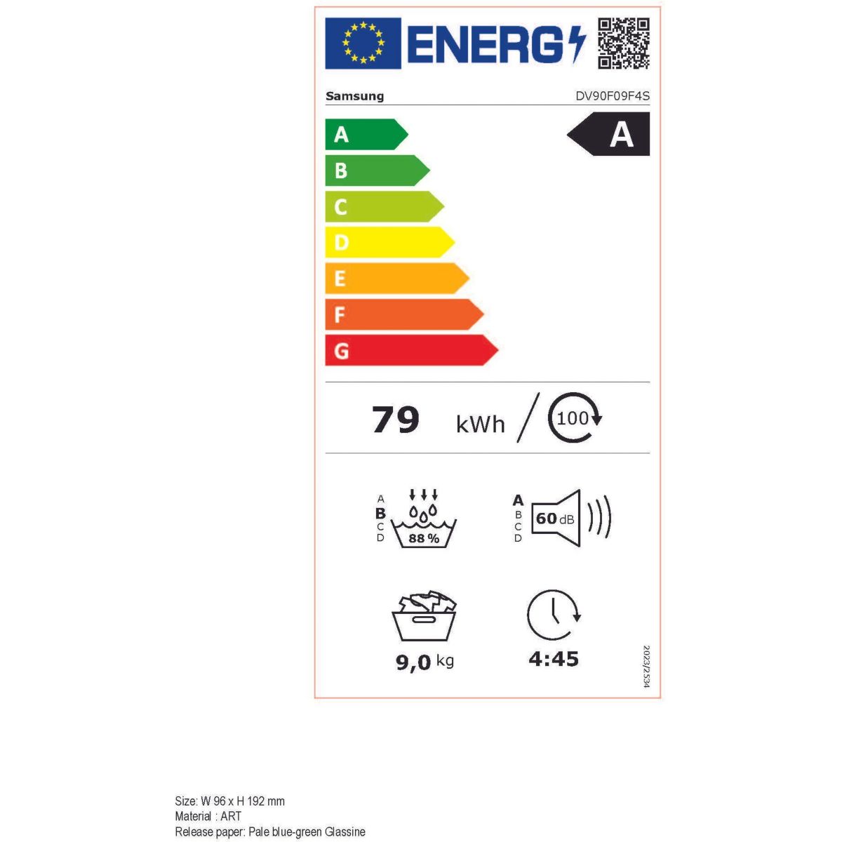 Sèche linge pompe à chaleur DV90F09F4S couleur unique, SAMSUNG