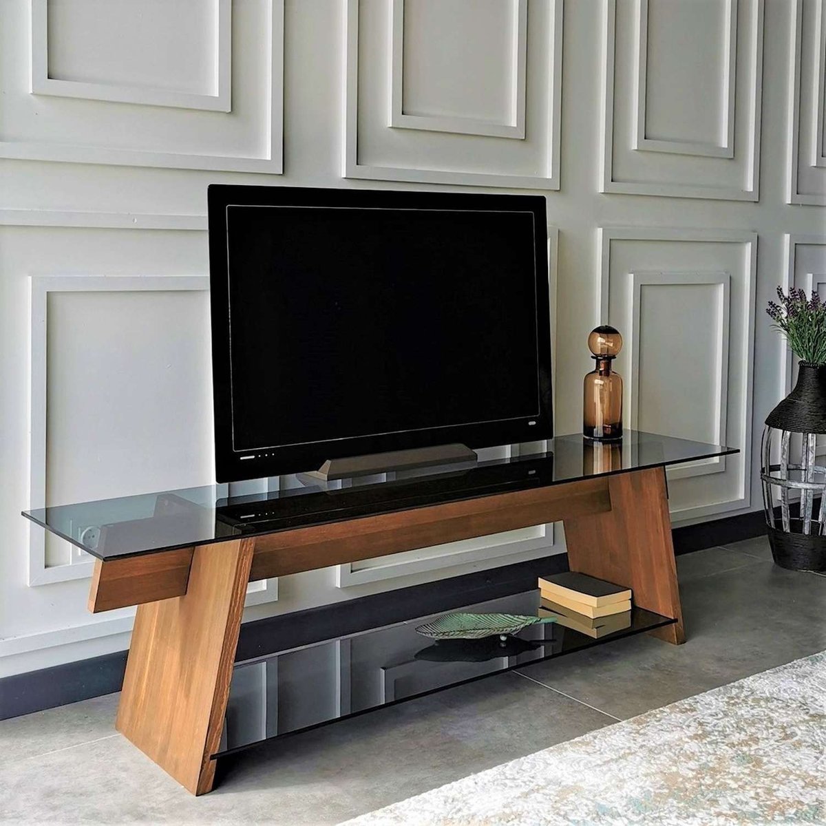 Meuble TV 1 étagère de rangement en verre et bois massif LUSTRELLE marron, TOILINUX