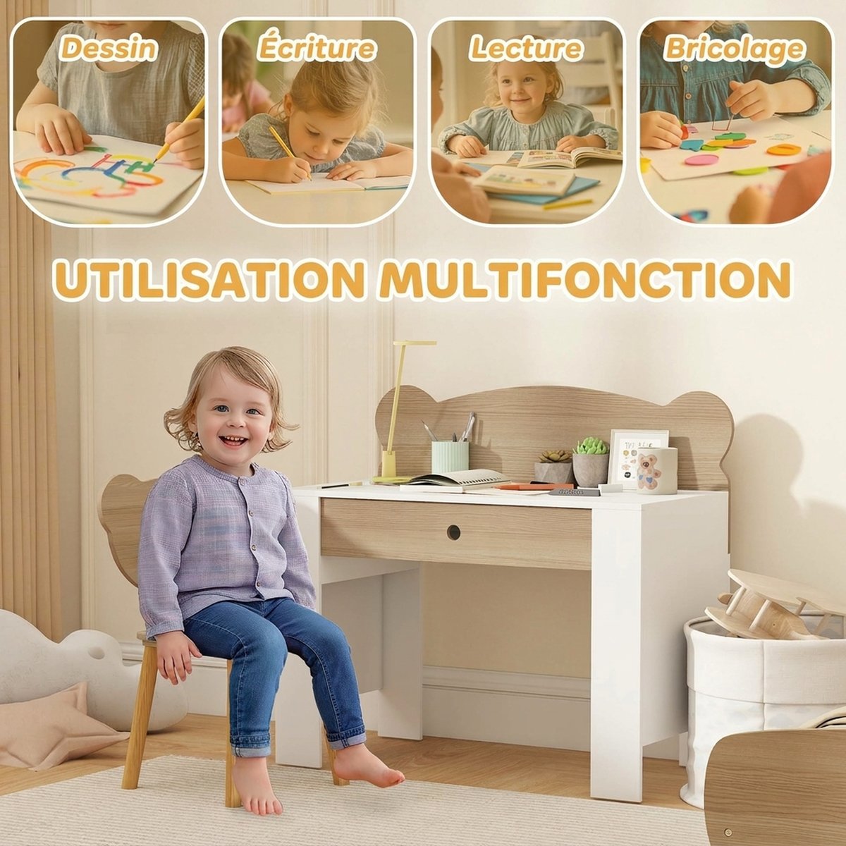 Bureau d'étude pour enfants avec chaise MDF bois naturel et blanc, AIYAPLAY