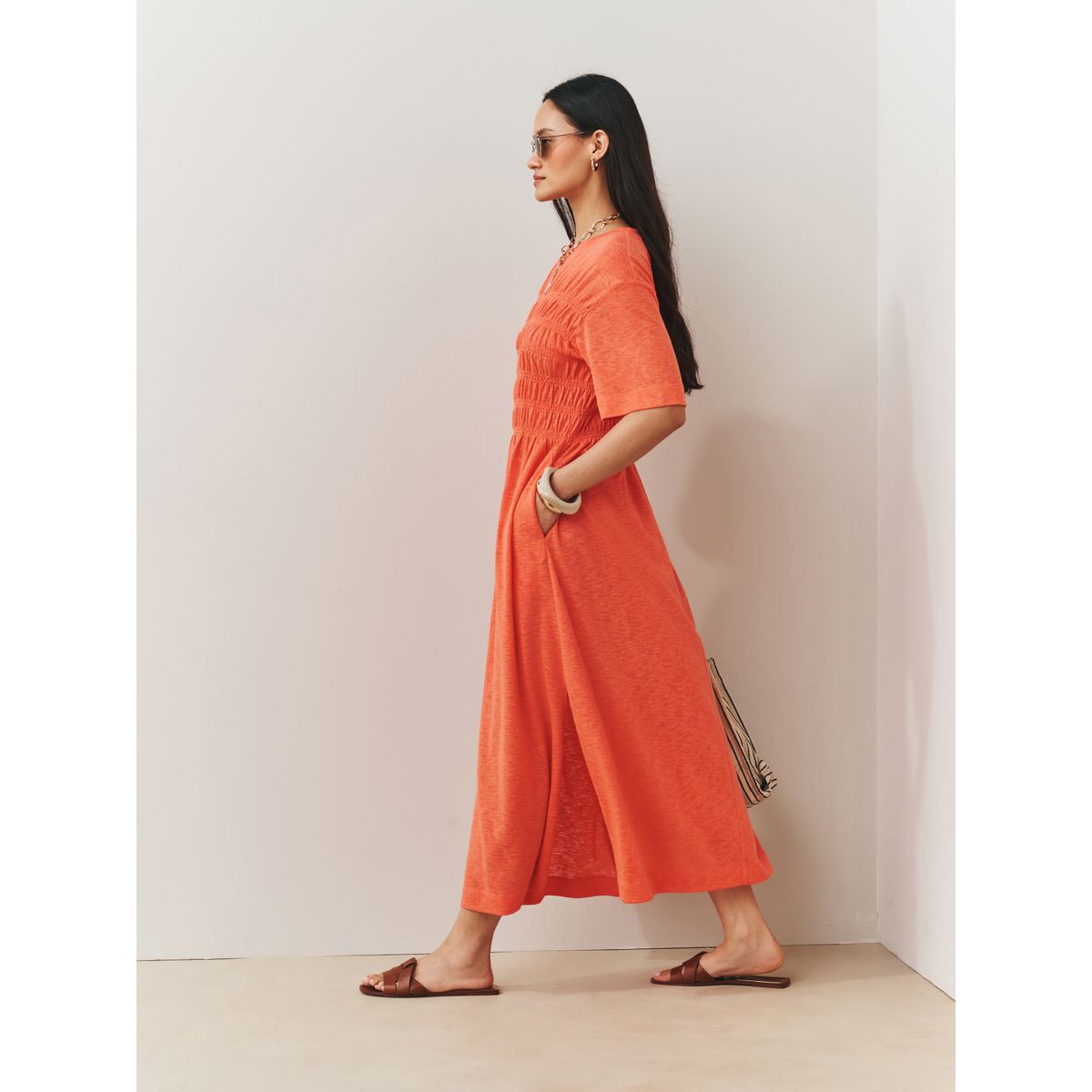 Robe t-shirt mi-longue à manches courtes orange corail, NEXT