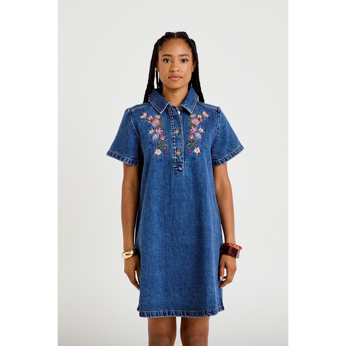 Robe droite courte en jean col chemise denim stone, CACHE CACHE