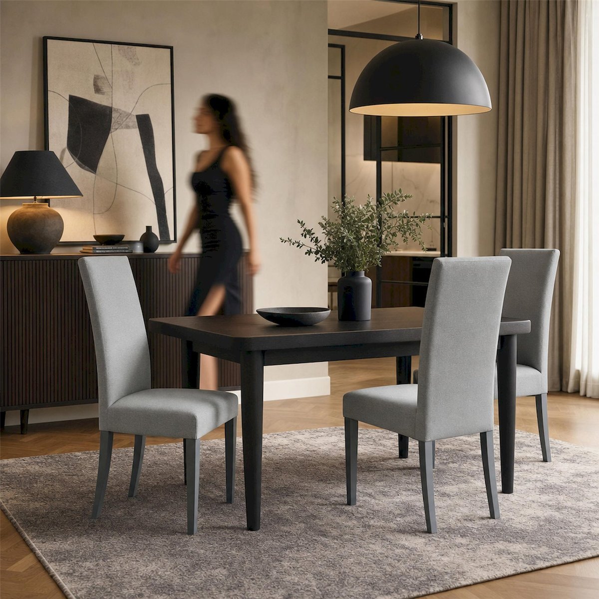 Chaise tapissée en velours collection MODERNO TRE gris velours avec pieds noirs, RECOLLECTION