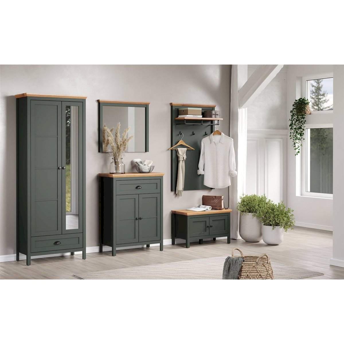 Armoire 2 portes avec miroir FOREELLS vert foncé et chêne evoke, RECOLLECTION