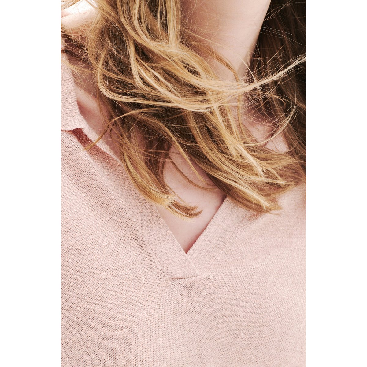 Pull droit col chemise en lin MIKALU rose clair, CAROLL