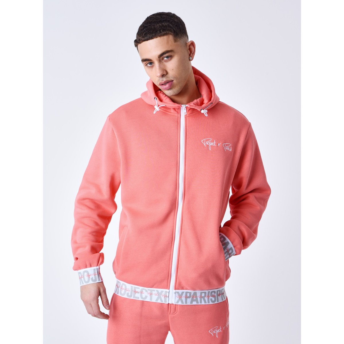 Sweat à Capuche zippé Bande élastique logotée rose corail, PROJECT X