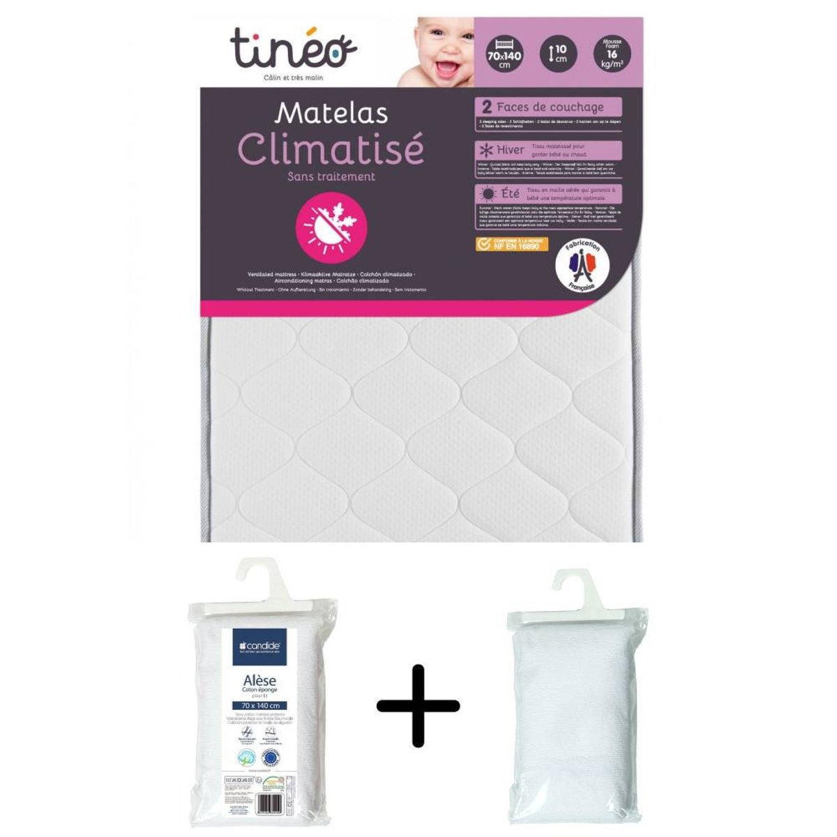 Pack matelas climatisé + alèse + drap housse blanc, TINEO