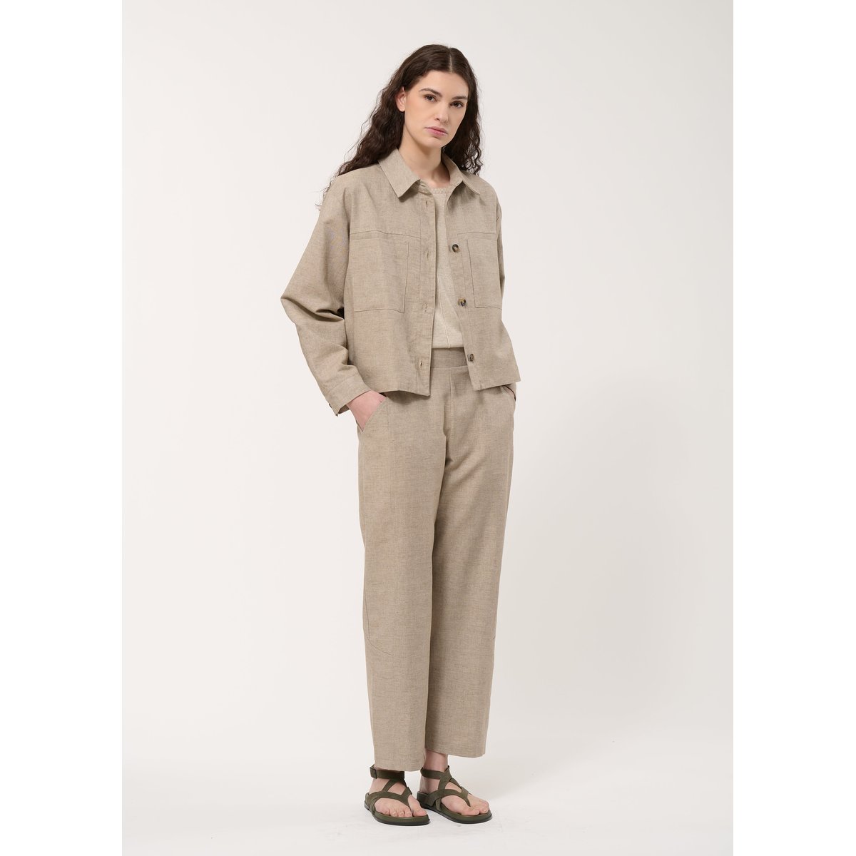Pantalon 7/8ème en lin mélangé beige, HUMILITY