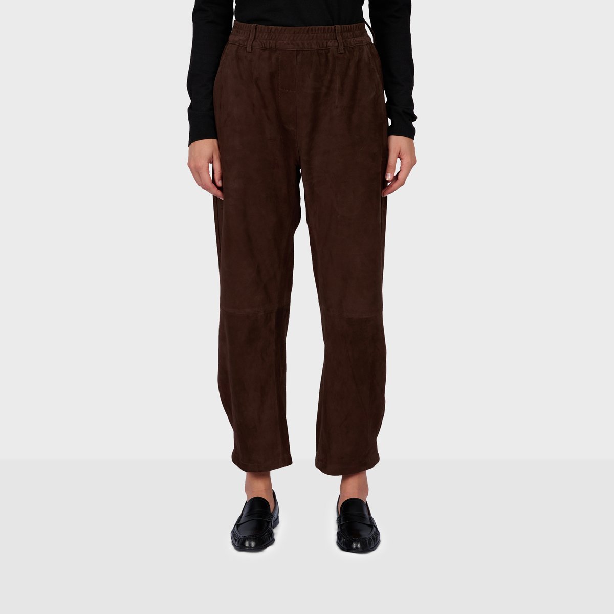 Pantalon à taille élastiquée en cuir MIA chocolat, OAKWOOD