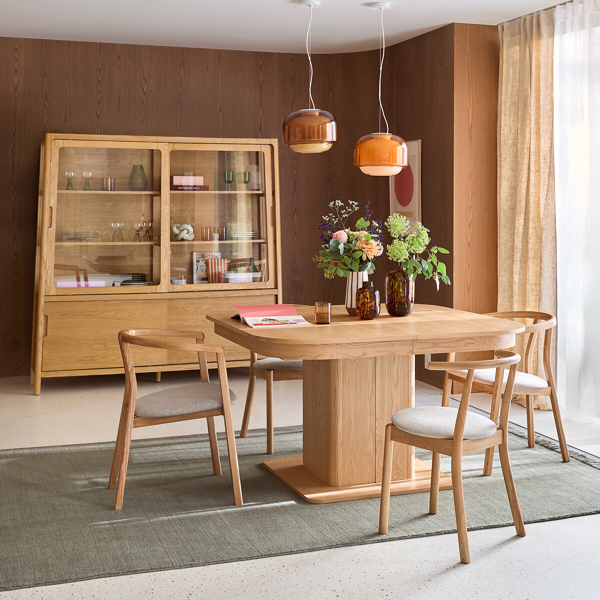 Vitrine en frêne massif et placage chêne, 4 portes, hauteur 180 cm, Tress coloris chêne, LA REDOUTE INTERIEURS