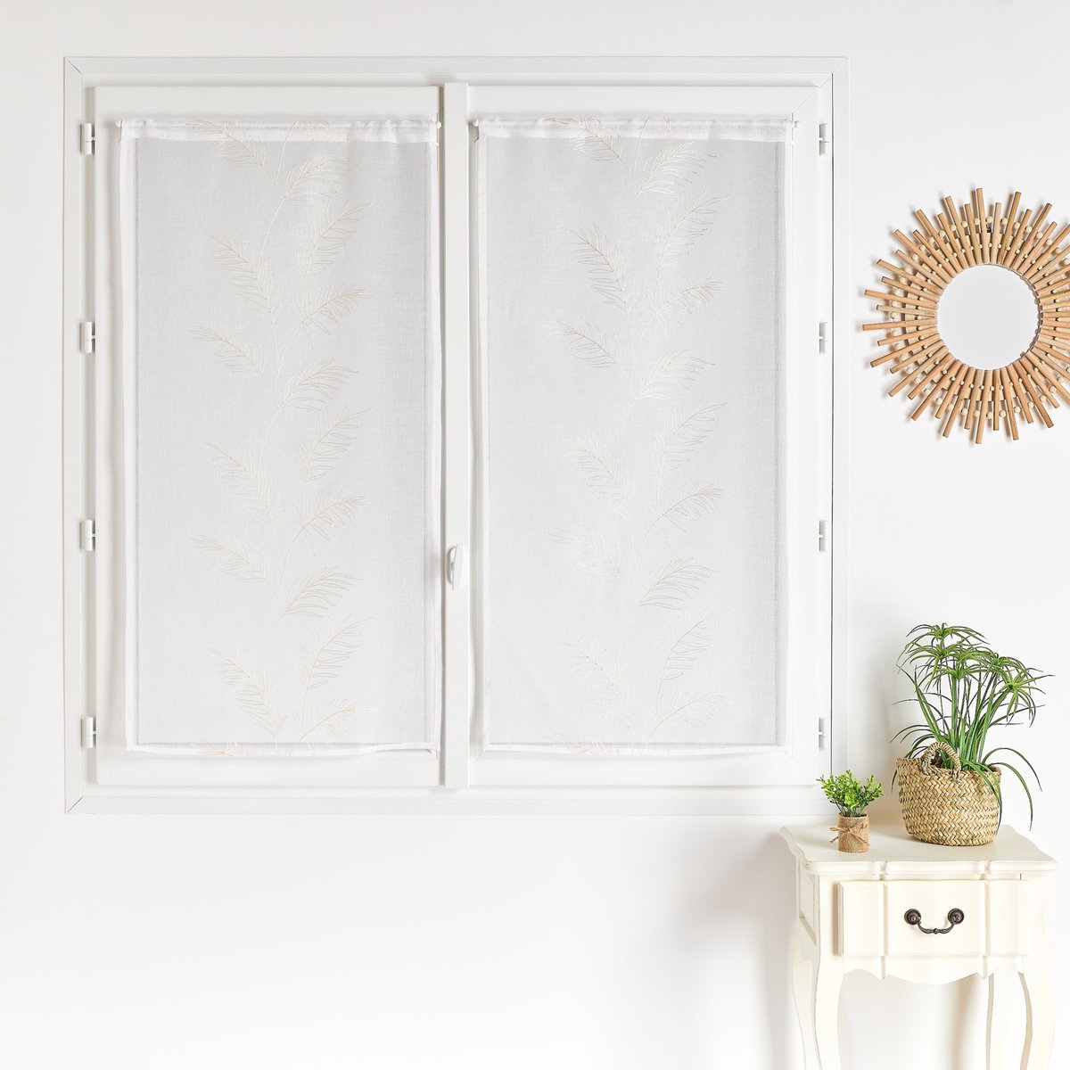 Paire voilages avec motif feuilles brodées - QABANE blanc cassé, HOME MAISON