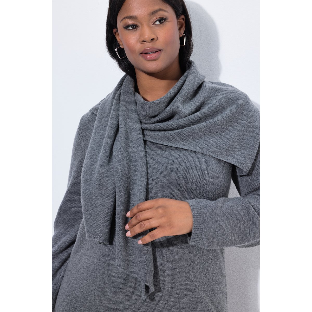 Robe en maille à col V et manches longues chiné gris moyen, ULLA POPKEN