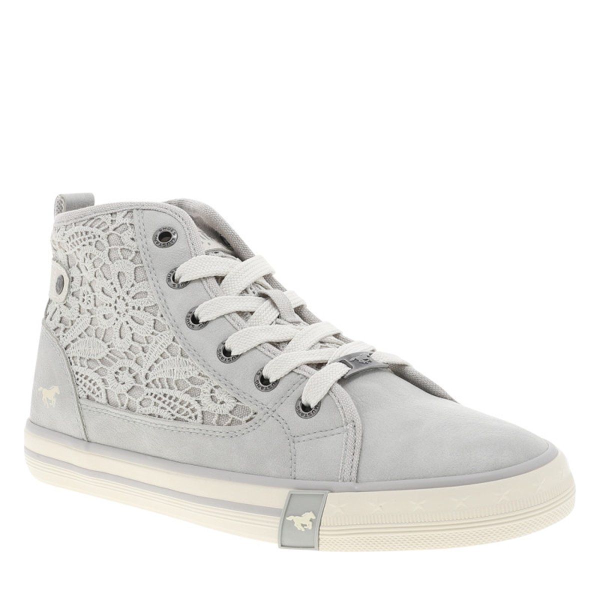 Tennis toile montante grises avec un talon plat et des lacets blancs gris, MUSTANG