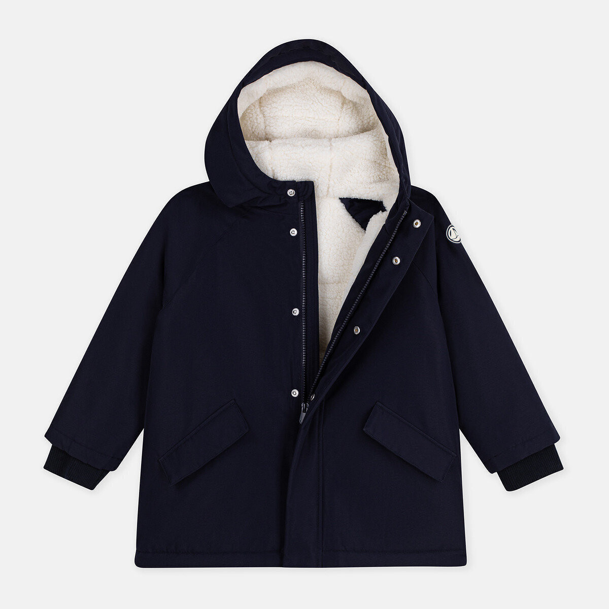 Parka di media lunghezza con cappuccio, in tinta unita blu marino, PETIT BATEAU