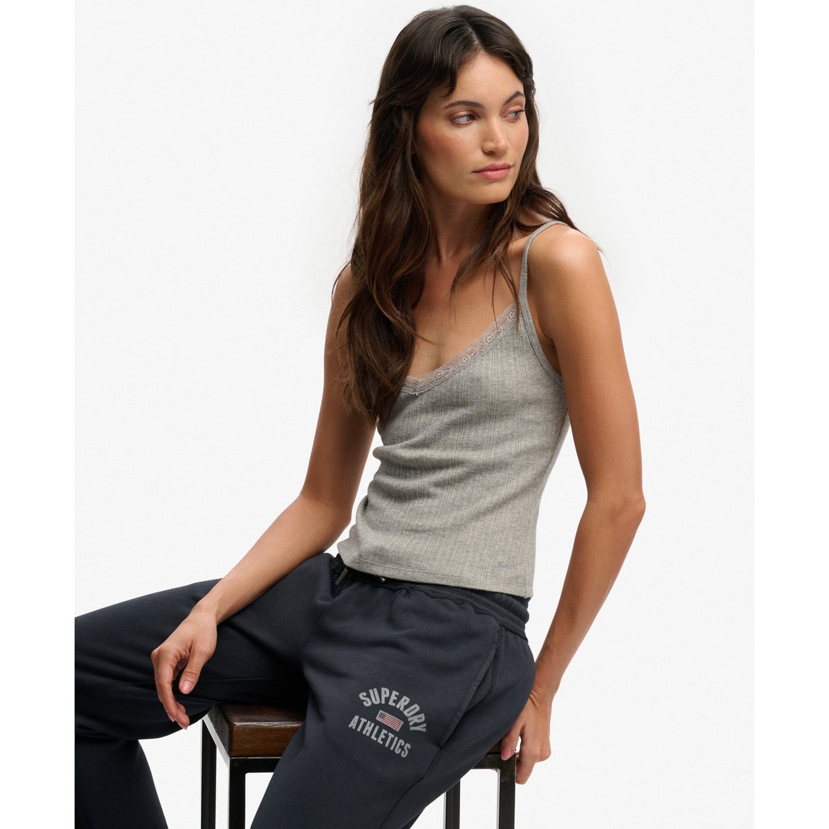 Débardeur Pointelle Col V Athletic Essentials gris chiné, SUPERDRY