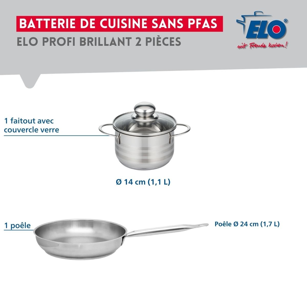 Batterie de cuisine 1 poêle 24cm + 1 faitout 14cm PROFI BRILLANT gris, ELO