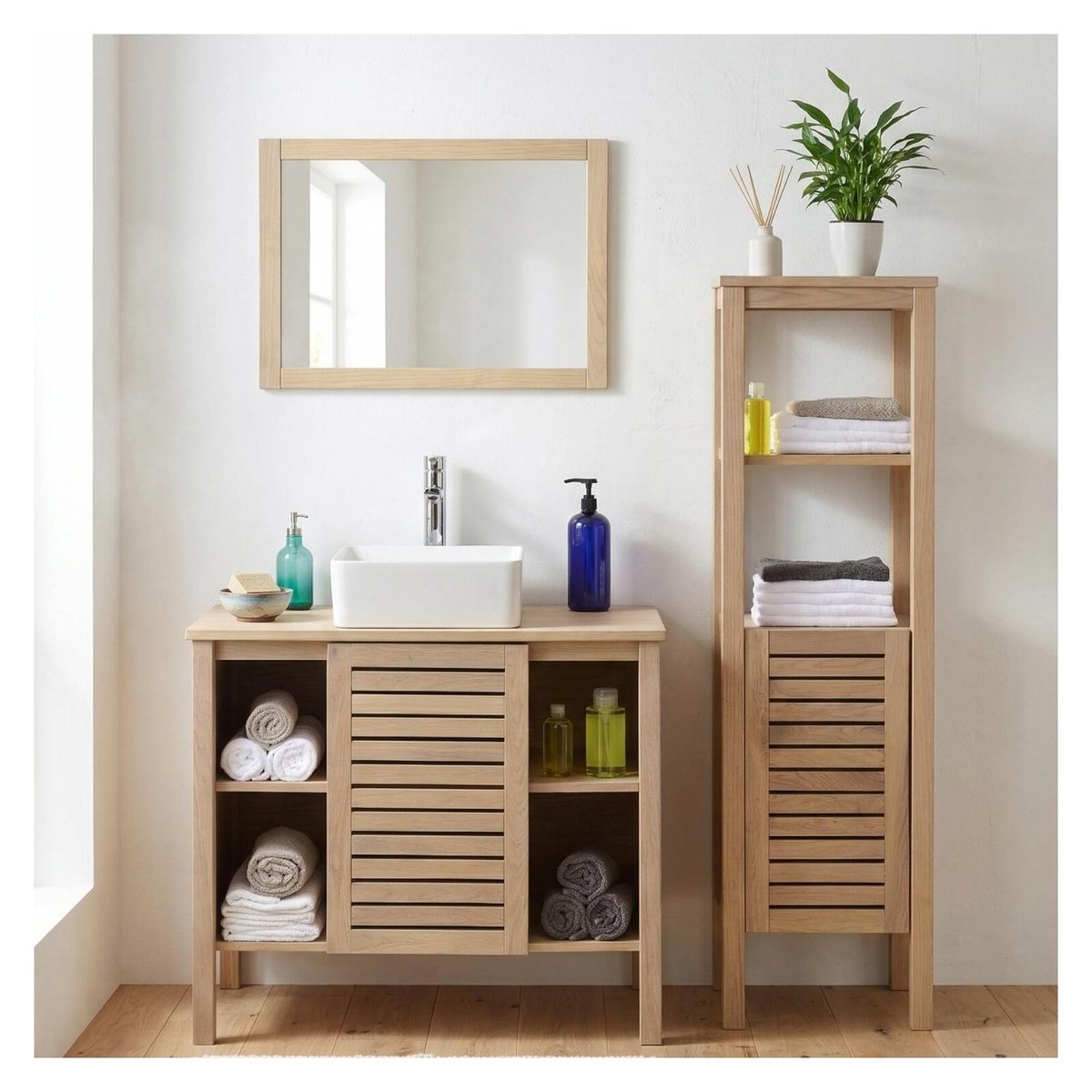 Ensemble simple vasque 90cm chêne avec vasque, robinet, miroir et colonne TALIX chêne, MOB IN